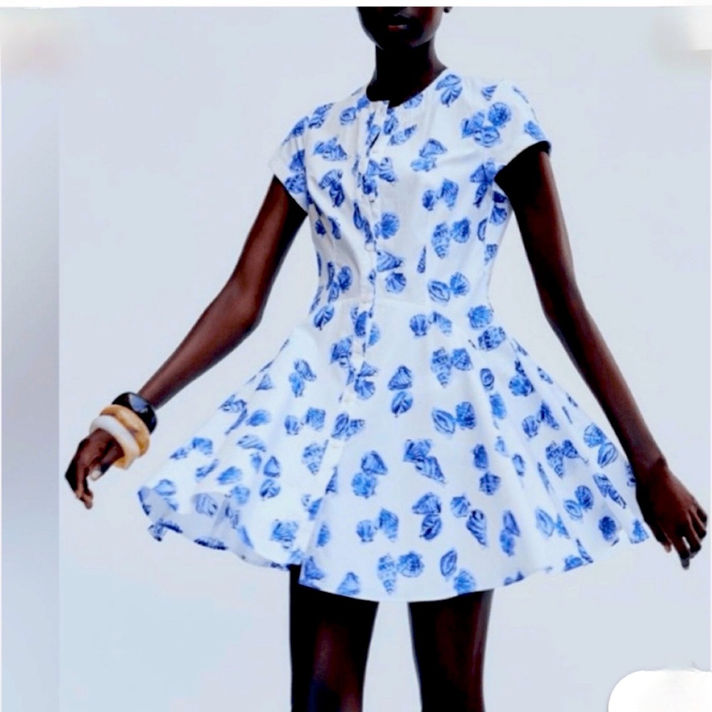 Zara Fresh & Feminine Sea Shells Blue and White Summer Cotton Dress🔥🔥🔥